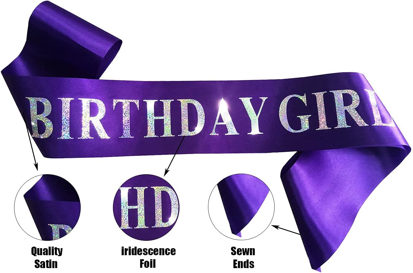 Birthday Girl Sash - Purple Satin Silver Iridescence Glitter Foil Sash for Women's Birthday Party Decorations
