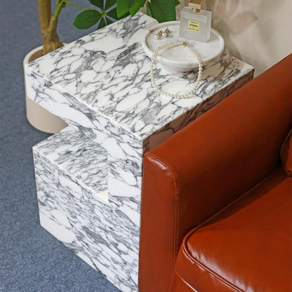 Natural Marble C-Shaped End Table, Luxurious Handmade Coffee Table Suitable for for Living Room Bedroom Bathroom Small Spaces, No Installation Marble Sofa Table for Modern Home Decor