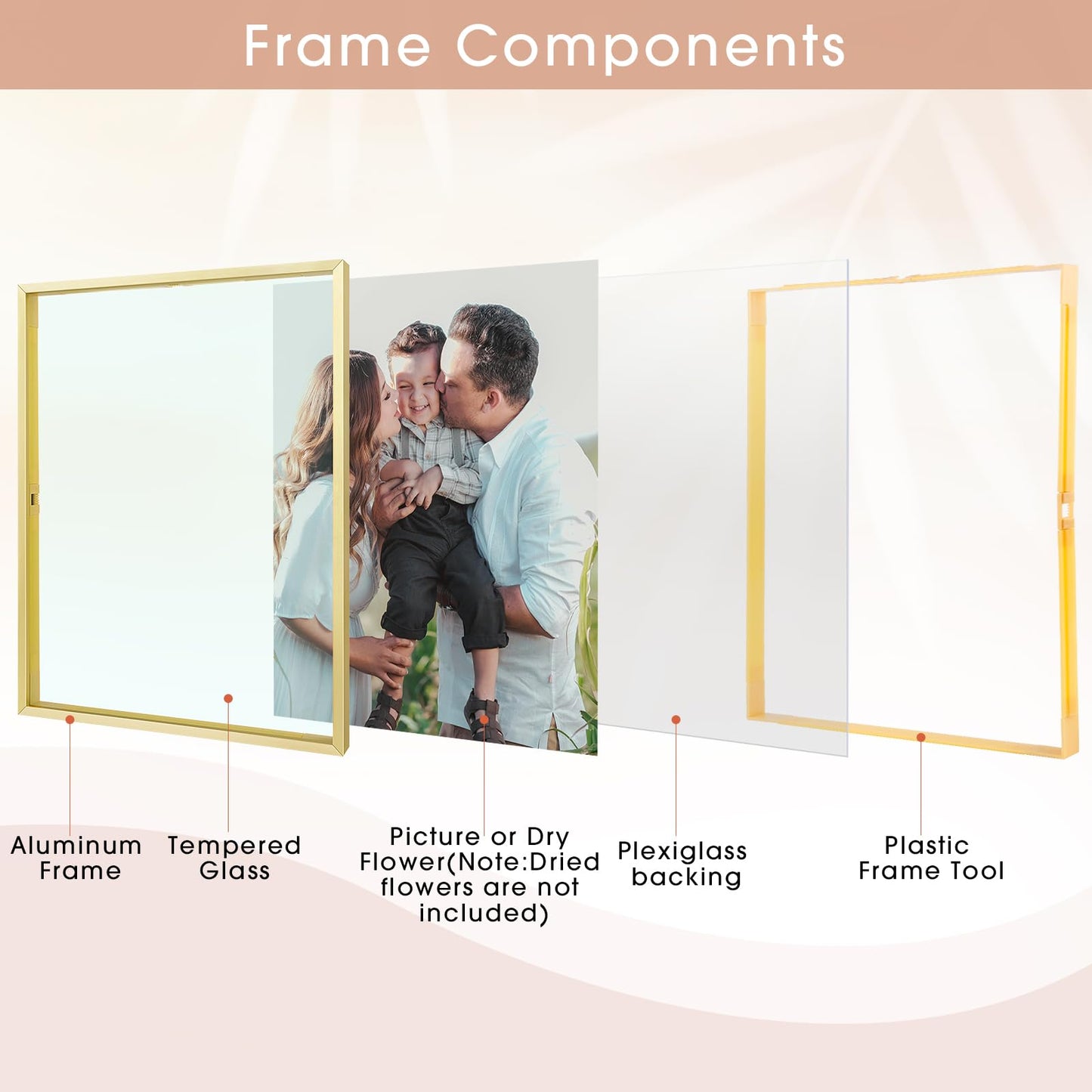 Golden State Art, 12x16 Floating Frame, Gold Aluminum Picture Frame, Clear Glass Display Any Size Photo up to 12 x 16, Home Gallery Wall Decoration, Display Horizontal and Vertical