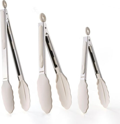 CAROTE Kitchen Tongs Set - Heat Resistant Stainless Steel with Non-Scratch Silicone Tips | 3 Sizes (7", 9", 12")