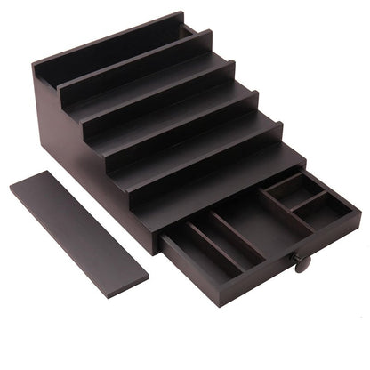 Fengligoo 5 Tier Cologne Organizer for Men - Wooden Black Cologne Perfume Display Stand with Drawer and Hidden Compartment, Mens Cologne Holder Shelf for Organizing and Storing