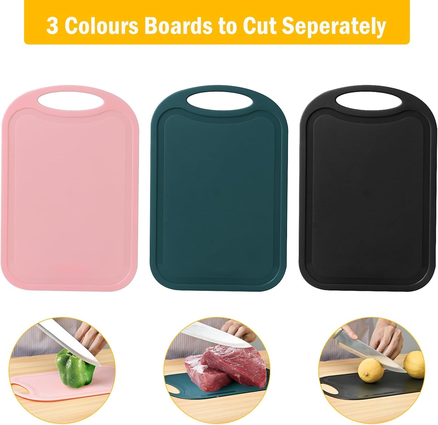 Cutting Boards for Kitchen, 3 Piece Plastic Cutting Board Set, Chopping Board with Juice Grooves and Carrying Handle