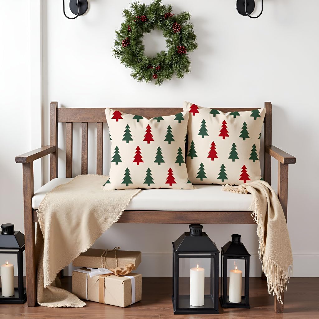 18x18 Set 2 Red and Green Christmas Tree Pillow Covers of Outdoor Farmhouse Xmas Holiday Throw Pillow Cases for Sofa