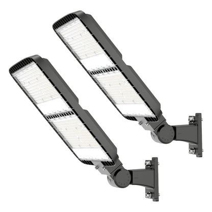 DEMILARE 300W LED Parking Lot Light Arm Mount with Dusk to Dawn Photocell 110V/120V Flood Lights 5000K Street Pole Light IP65 Waterproof Commercial Lighting for Parking Lot, Stadium, Driveways 2PACK