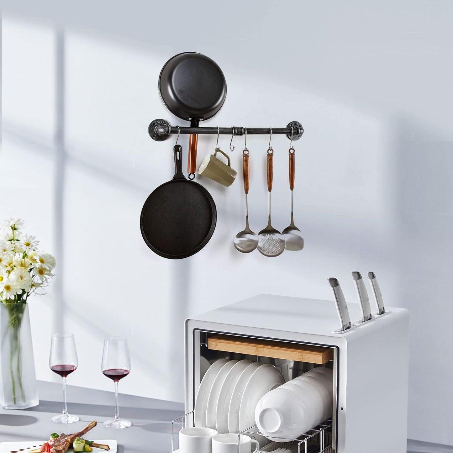 Pipe Pot Pan Rack Wall Mounted Kitchen Organizer with S Hooks, Industrial Cookware Hanger Bar Rail (24 inch, Black Gray)