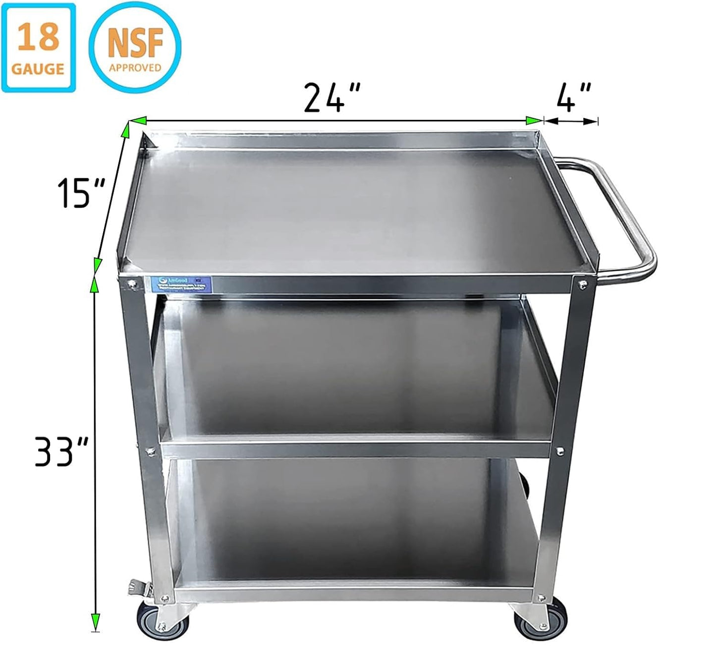 Commercial Stainless Steel 3 Shelf Utility Kitchen Metal Cart 24"X15"X33"