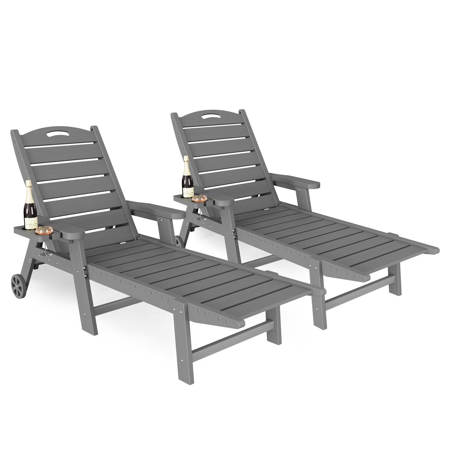 UDPATIO Outdoor Chaise Lounge Chair, HDPE Patio Lounge Chairs for Outside with Wheels & Cup Holder, Reclining Seating with 5 Position for Poolside Deck Garden Indoor,Grey,2PCS
