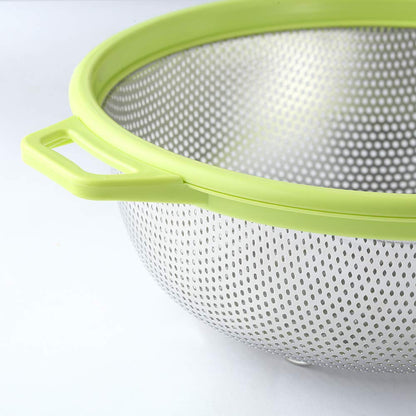HiramWare Stainless Steel Colander With Handle and Legs, Large Metal Green Strainer for Pasta, Spaghetti, Berry, Veggies, Fruits, Noodles, Salads, 5-quart 10.5” Kitchen Mesh Colander, Dishwasher Safe
