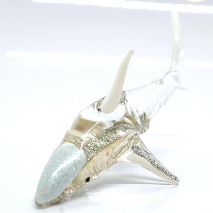 Shark Miniature Figurines - Tiny Hand Painted Blown Glass Art Collectible Gift Decor (Clear Silver)