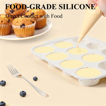 Vinino 2-Pack Silicone Muffin Pan for Baking with Metal Reinforced Frame, 12 Cups Regular Size Silicone Cupcake Pan with Non-Slip Handle, Nonstick Muffin Tray for Oven, BPA Free, Dishwasher Safe