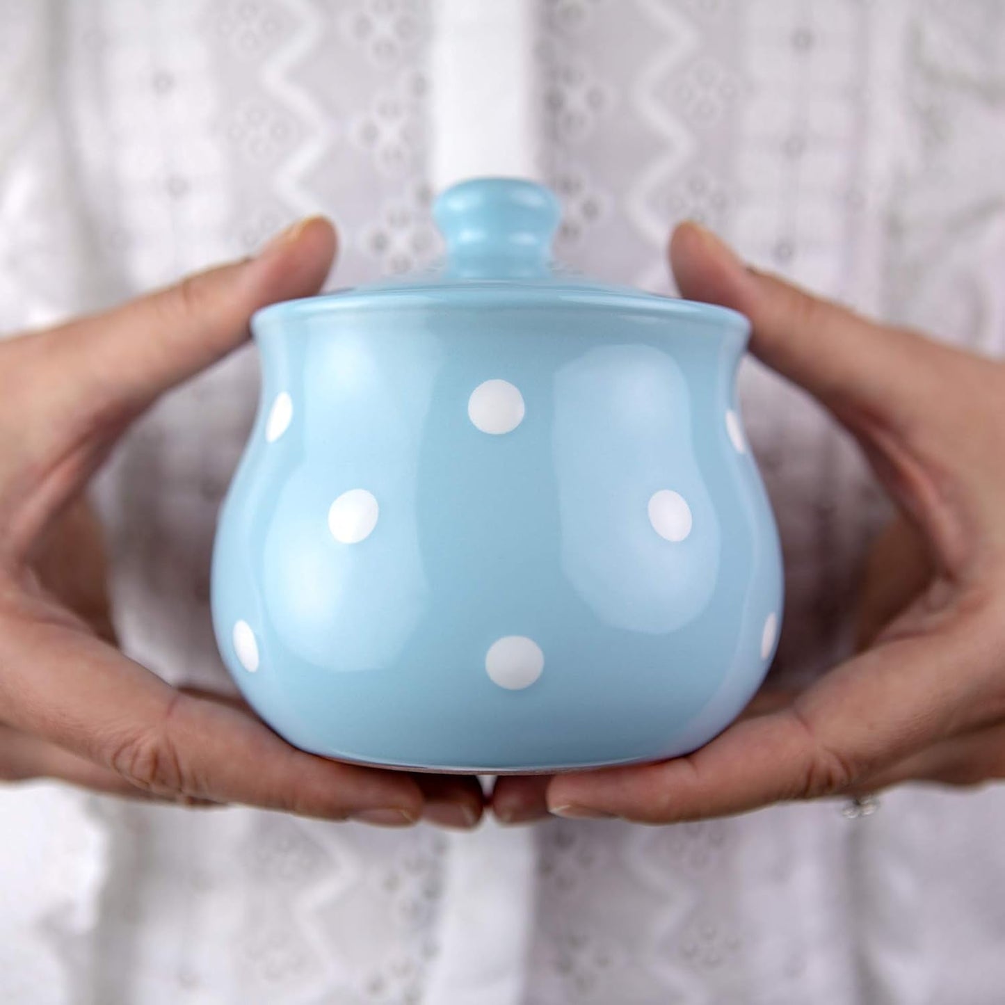City to Cottage Ceramic Sugar Bowl with Lid, 10oz Container for Coffee Bar, Handcrafted Sky Blue Polka Dot