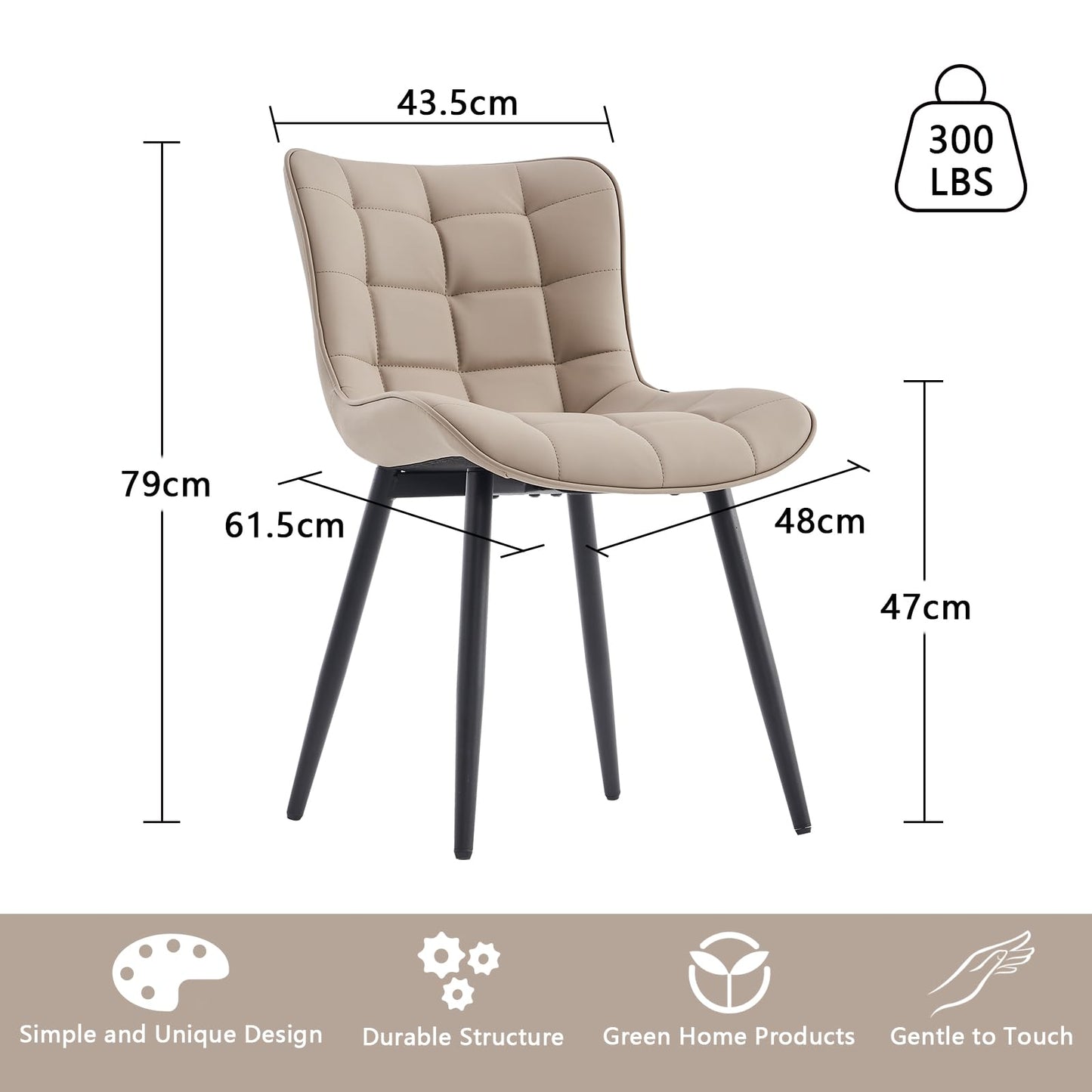 YOUTASTE Khaki Dining Chairs Set of 2, Comfy Faux Leather Upholstered Kitchen Chairs with Black Metal Legs, Mid-Century Modern Design, Accent Chair for Dining Room, Bedroom, Reception