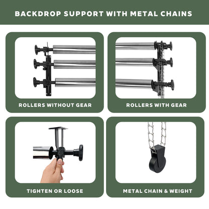TENBEST Photography Backdrop Roller Support System, 3 Rollers with Metal Chains, 120-inch Stainless Steel Crossbars, Wall/Celing/Light Stand Backdrop Mount, Background Support