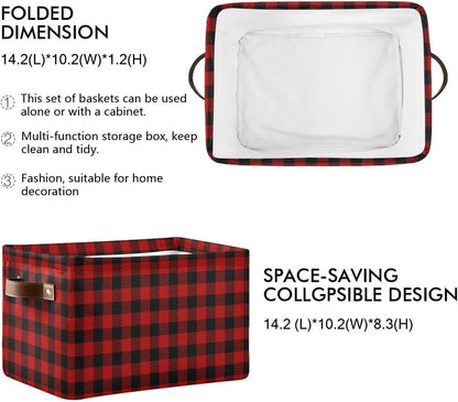 Christmas Red Buffalo Plaid Storage Basket, Fabric Laundry Baskets for Winter Holiday Decorations, 16×12×8 Inches