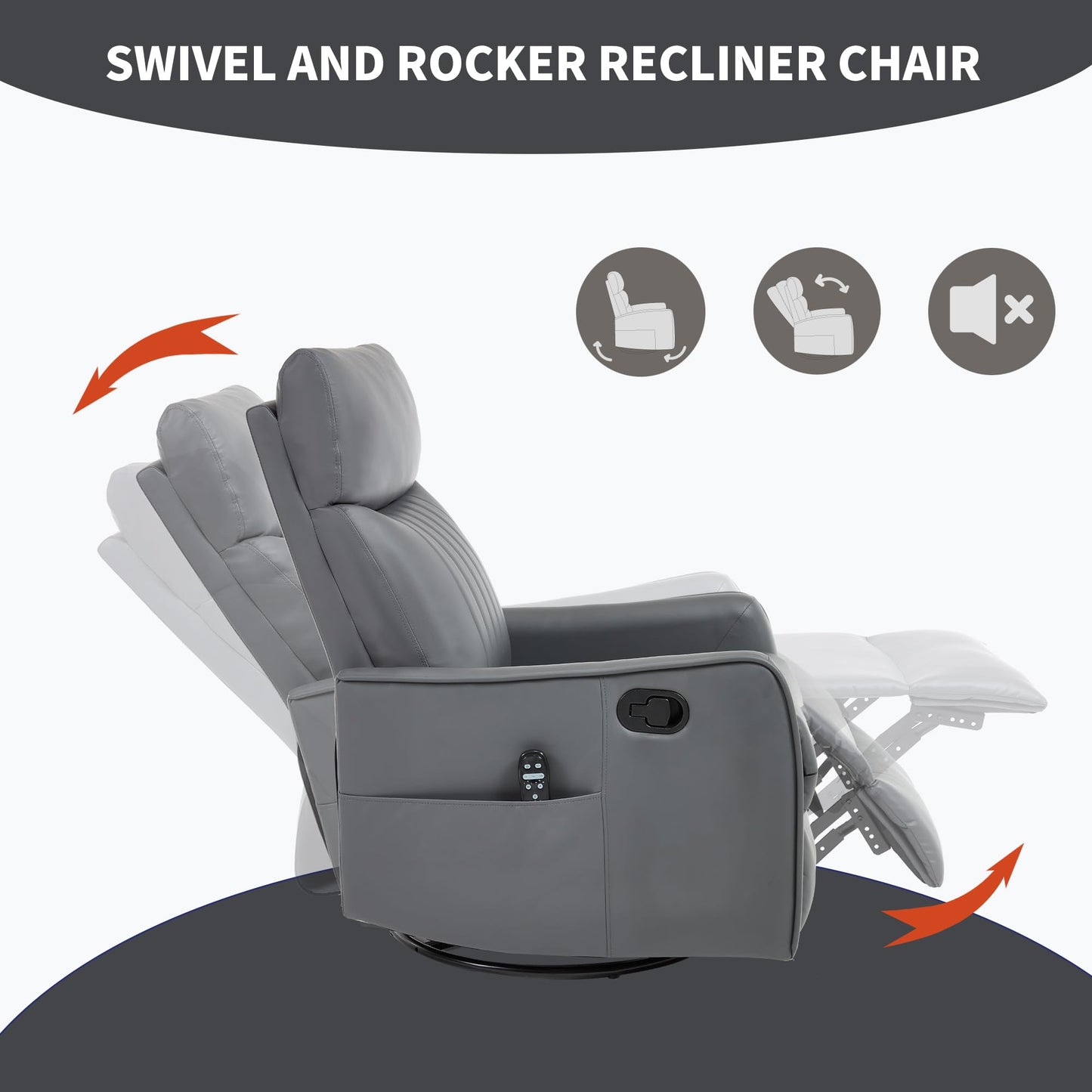 KEIKI 4-in-1 Manual Swivel Rocker Recliner Chair for Living Room, Faux Leather Nursery Glider Rocking Chairs with Back Massager & Heat, Built for RV Travel Living and Mobile Home, Grey