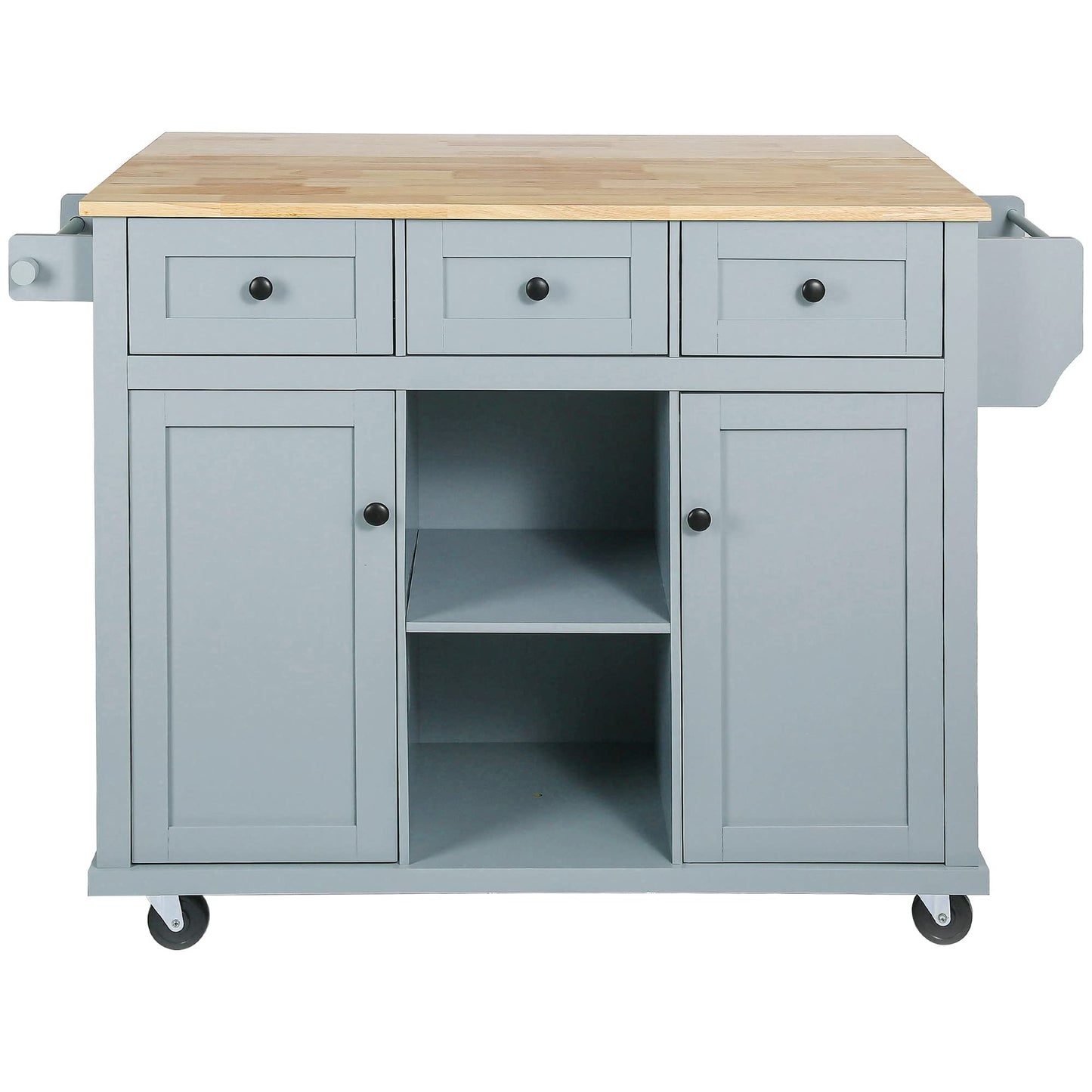 Yayzy Rolling Kitchen Island with Drop Leaf, Cabinet Door Storage Racks & 3 Drawers, Mobile Kitchen Cart with Rubberwood Top & Locking Wheels for Dining Room & Kitchen, 53-Inch, Grey Blue