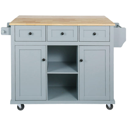 Yayzy Rolling Kitchen Island with Drop Leaf, Cabinet Door Storage Racks & 3 Drawers, Mobile Kitchen Cart with Rubberwood Top & Locking Wheels for Dining Room & Kitchen, 53-Inch, Grey Blue