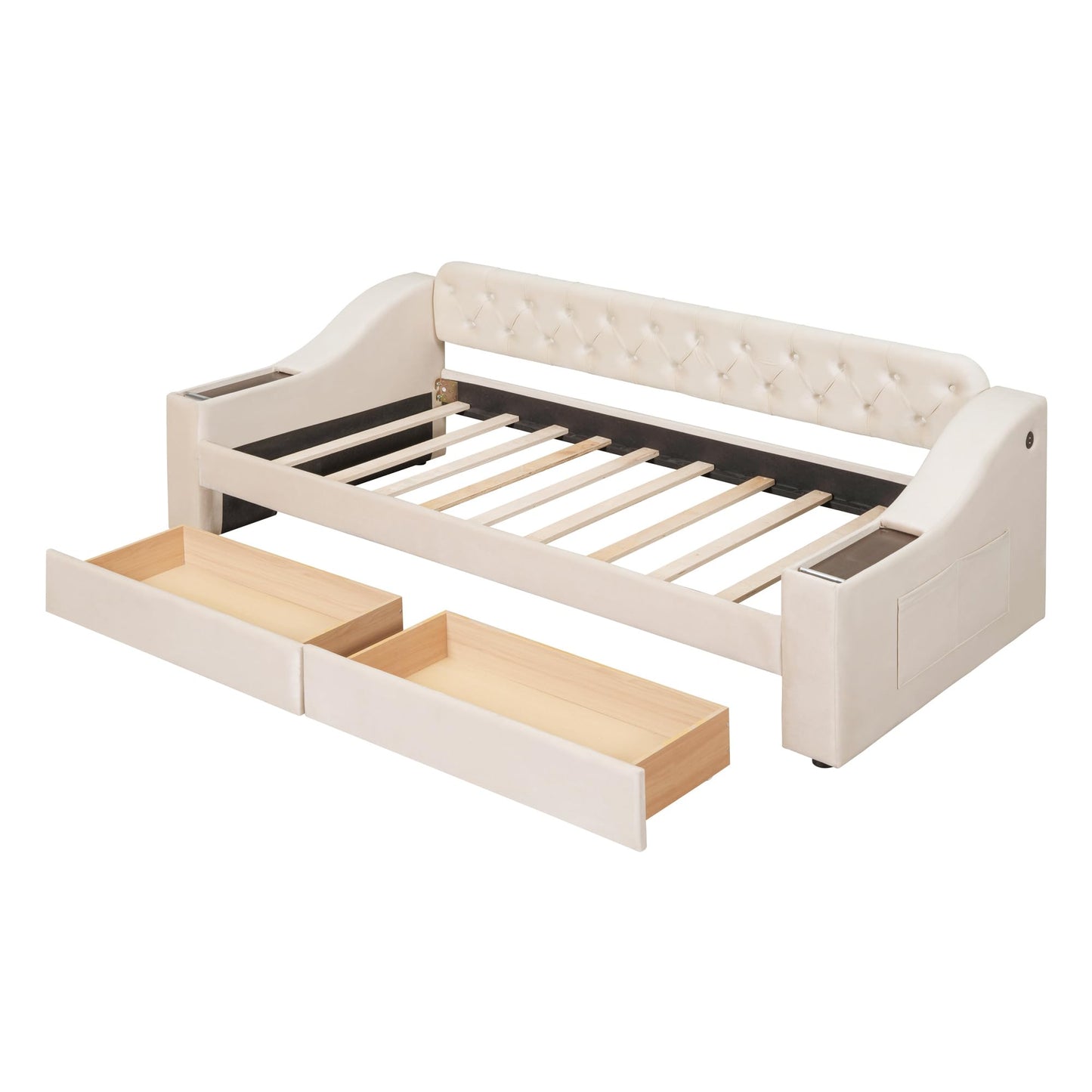 Merax Twin Size Upholstered Daybed with Storage Armrests, Wooden Sofa Bed Frame with 2 Drawers and USB Port, Beige