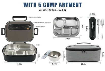 Bento Lunch Box with 8oz Soup Thermo,5-Compartment Leak-Proof Container, Thermo Hot Food Jar and Insulated Lunch Bag with Utensil,Microwave & Dishwasher & Freezer Safe