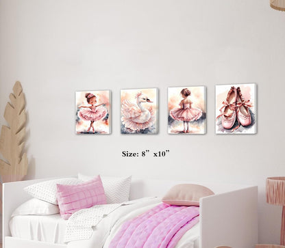 ZOIYINO Decor,Set 4(8x10) Framed Pink Ballet Nursery Wall Art,Pink Canvas Wall Art,Girls Ballerina Nursery Bedroom