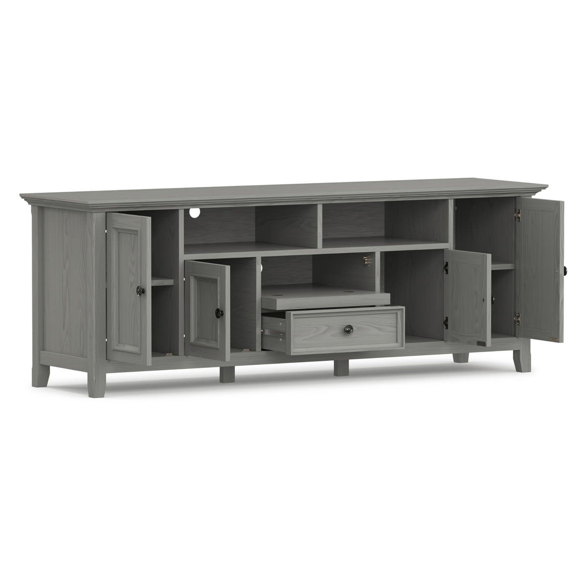 SIMPLIHOME Amherst TV Stand - 72 inch Wide Solid Wood Media Console in Fog Grey, Transitional Entertainment Center for Living Room for TVs up to 80 Inches with Shelves and Cable Management