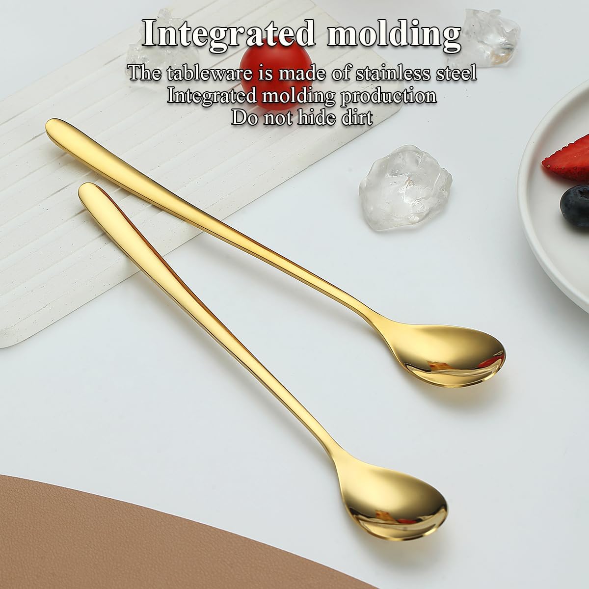 Gold Long Handle Iced Tea Spoons, Set of 12 Pieces, Titanium Plating Gold Stainless Steel Teaspoons, Dishwasher Safe