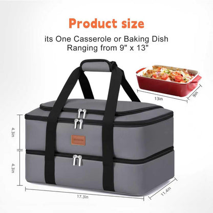 BlissfulSGDM Insulated Casserole Carrier, Double Decker Food Carriers for Hot or Cold Food, Portable Leakproof Thermal Bag for Travel/Potluck Parties/Picnic/Cookouts(Grey)