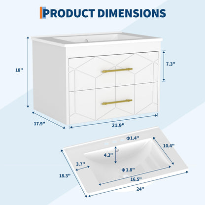 IDEALHOUSE Floating Bathroom Vanity with Sink 24 inch, Modern Bathroom Sink Cabinet, Ceramic Vanity Top, 2 Large Storage Drawers with Gold Metal Handle, Easy to Assembly, White