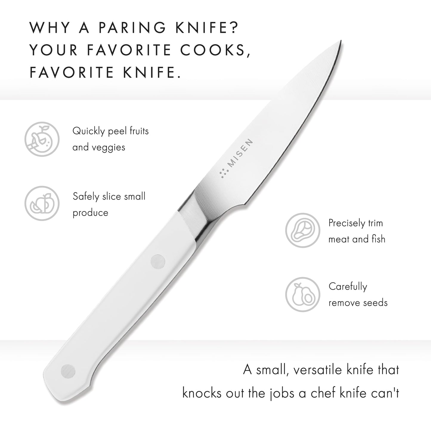 Misen 3.5" Paring Knife – Precision High-Carbon Stainless Steel Blade – Ergonomic Handle for Peeling, Trimming, and Slicing – Lightweight, Versatile Kitchen Tool for All Culinary Tasks - White
