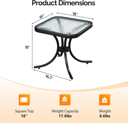 18" VINGLI Outdoor Side Table, Patio Table Steel Frame Tempered Glass Top, Weatherproof Small Tables for Balcony Garden