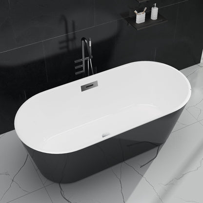 59 Inch Freestanding Bathtub, Acrylic, Deep Soaking Tub with Non-Slip Base, Modern Black Free Standing Tub for Bathrooms, cUPC Certified with Chrome Drain