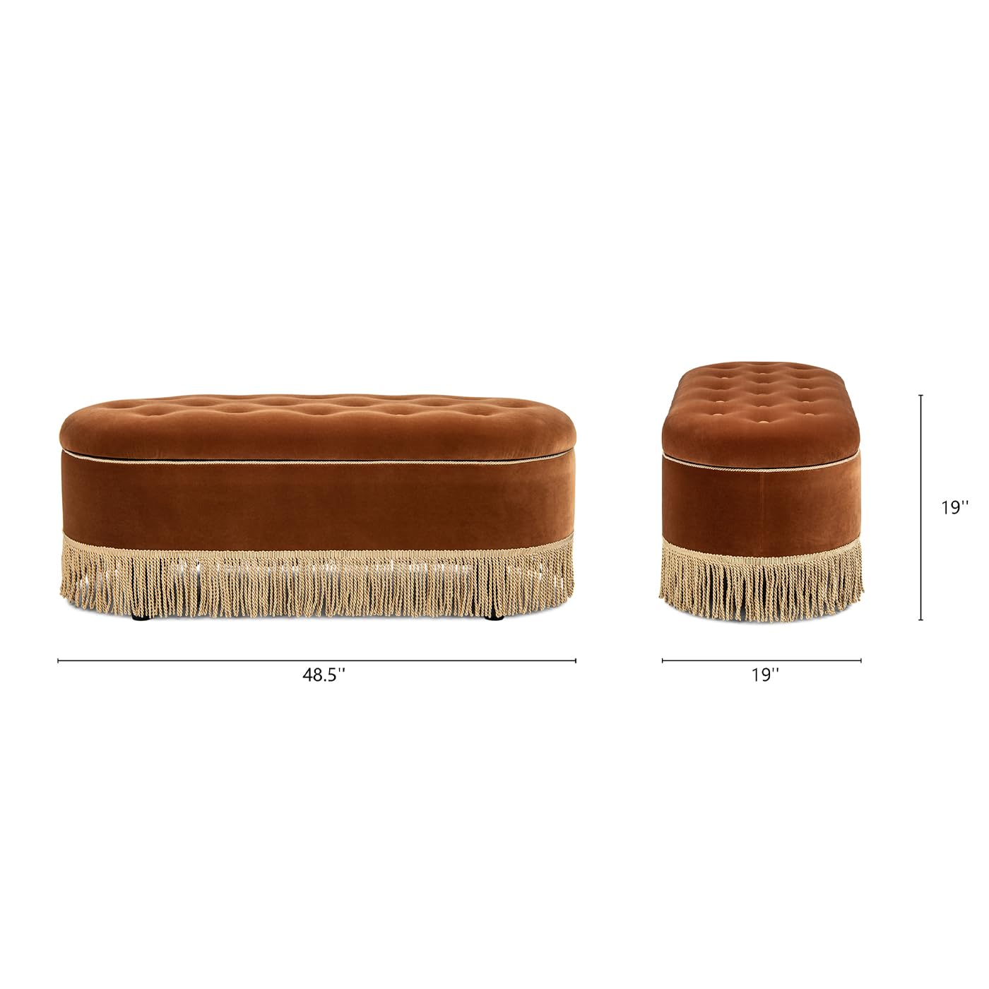 Jennifer Taylor Home 48.5" Oval Tufted Bullion Fringe Storage Bench, Burnt Orange Performance Velvet