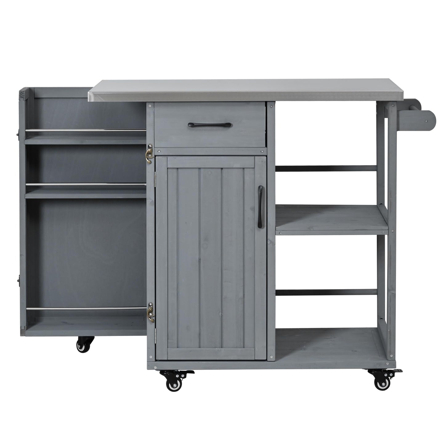 Outdoor Kitchen Island Cart with Stainless Steel Top, Rolling Grill Table with Storage Cabinet Drawer Shelves and Towel Rack, Wooden BBQ Prep Station with Lockable Wheels for Patio Backyard, Grey