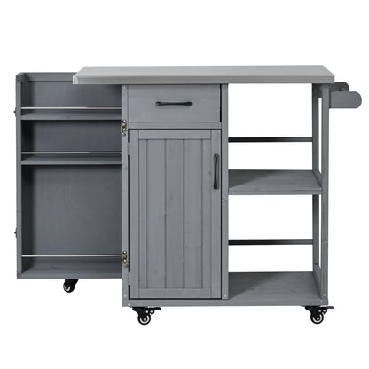 Outdoor Kitchen Island Cart with Stainless Steel Top, Rolling Grill Table with Storage Cabinet Drawer Shelves and Towel Rack, Wooden BBQ Prep Station with Lockable Wheels for Patio Backyard, Grey