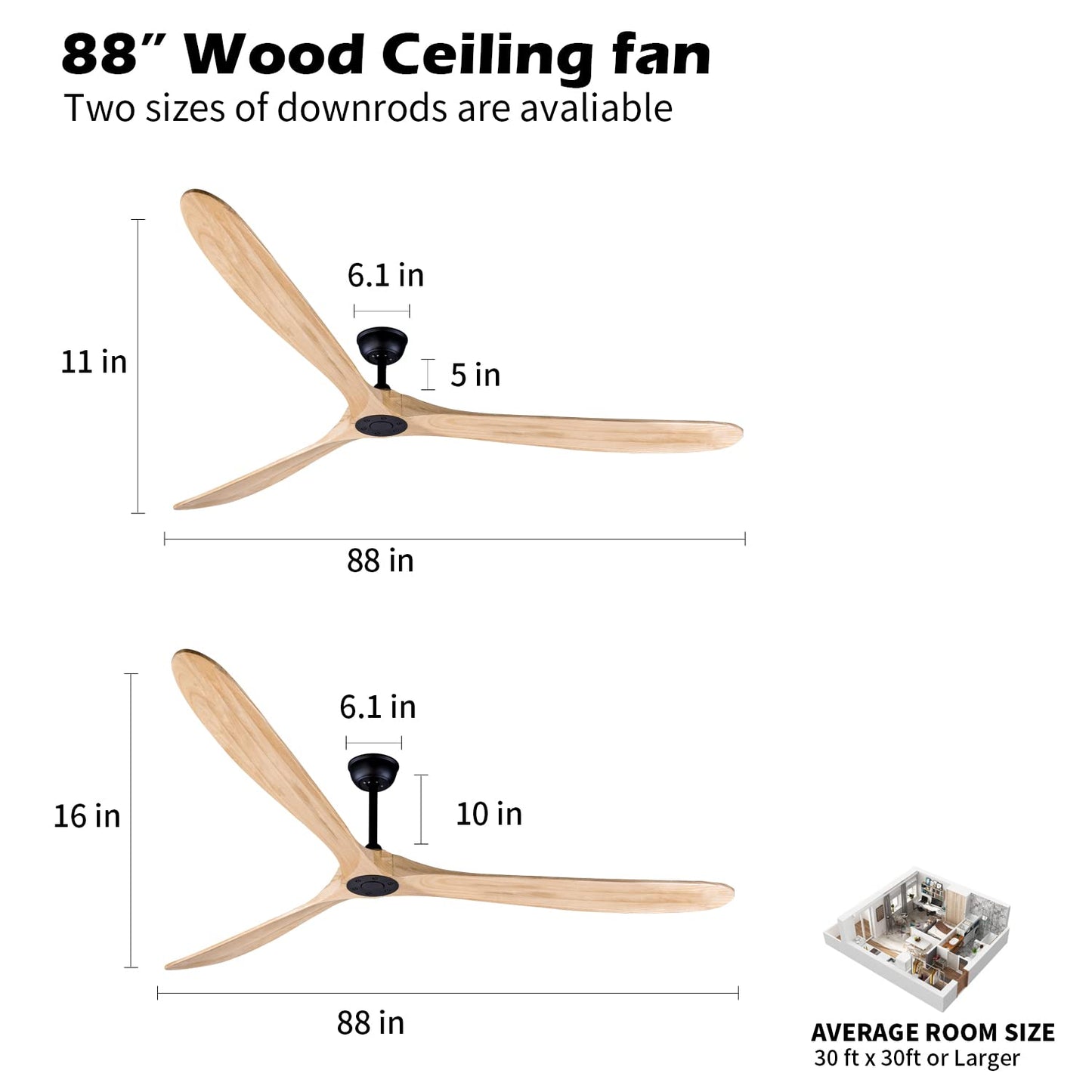 Bigzone 88" Large Ceiling Fan No Light With Remote, DC Motor Quiet Energy Saving,3 Balsa Wood Blades,Outdoor/Indoor Ceiling Fan With Reversible Blades