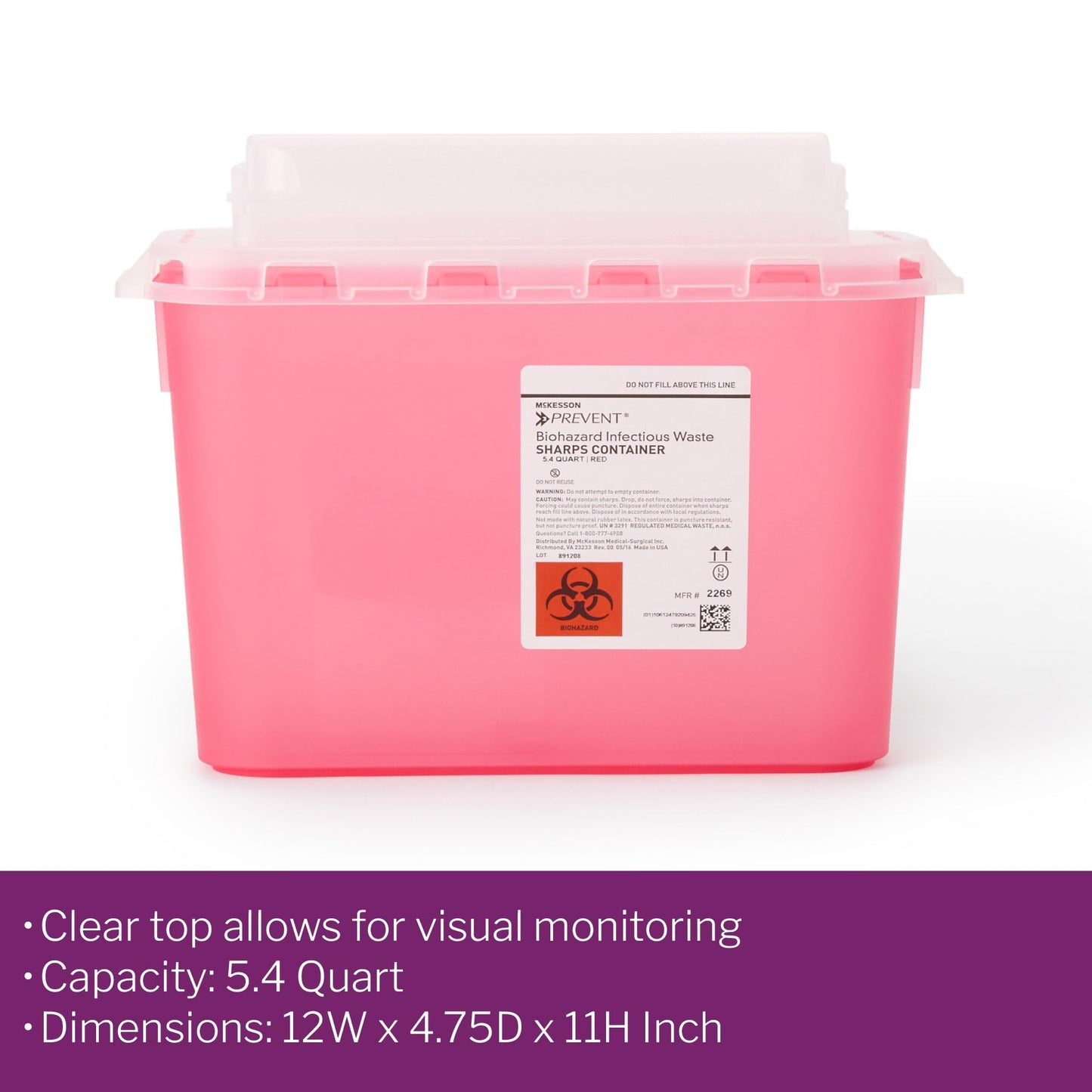 McKesson Prevent Sharps Container for Home Use, 5.4 Quart - for Biohazard Infectious Waste, Needle and Syringe Disposal - Translucent, Touchless Lid - Red, 20 Count