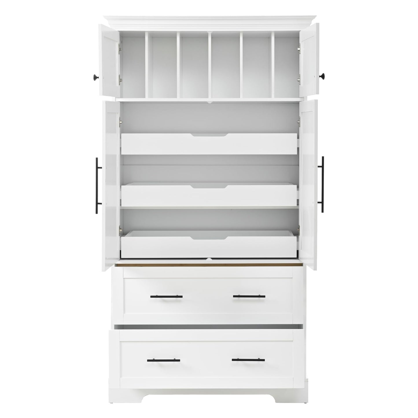 Merax 72.6" Farmhouse Kitchen Pantry Cabinet with Pull-Out Trays & Drawers, Freestanding Pantry with Cake Pan Storage, 4-Door Shaker Style Storage Cabinet, 40" L x 18" W, White