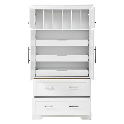 Merax 72.6" Farmhouse Kitchen Pantry Cabinet with Pull-Out Trays & Drawers, Freestanding Pantry with Cake Pan Storage, 4-Door Shaker Style Storage Cabinet, 40" L x 18" W, White