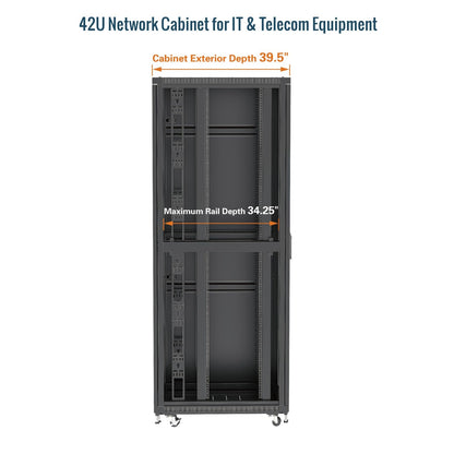 Tecmojo 42U Server Rack Network Cabinet 39.4" D x 23.6" W, Locking Data Cabinet Enclosure for 19" Server, Networking, AV & IT Equipment, Glass Door, Black