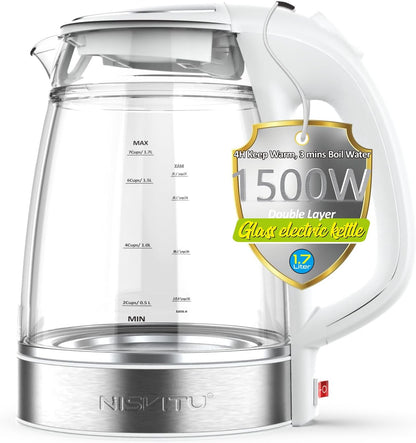 1500W, 1.7L, NISVITU Glass & Stainless Steel Cordless Electric kettle for boiling water, Hot water boiler Electric Tea