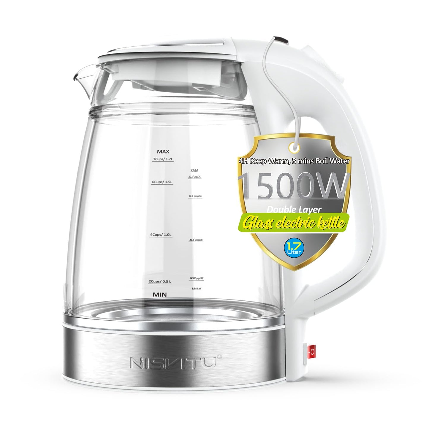 NISVITU 1.7L Dual Wall Cool Touch Electric Kettle, BPA-Free Borosilicate Glass Inner, PC Outer, 1500W Fast Boil Cordless Hot Water Boiler & Electric Tea Kettle, Keep Warm, Auto Shut-Off, White