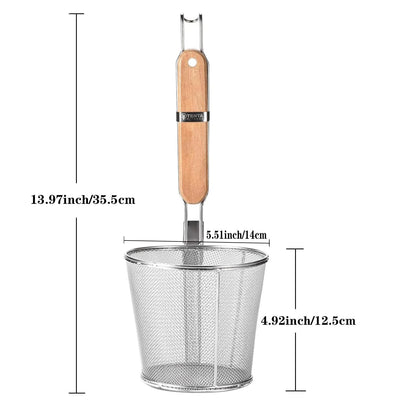 2 Pieces Pasta Strainer Basket Stainless Steel Fine mesh Pasta Strainer Basket with Wooden Handle Good For Boiling Food Spaghetti Dumpling (Dia 5.5inch/14cm)
