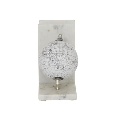 Deco 79 Marble Globe Decorative Bookends Non Skid Bookends with Silver Metal Accents, Set of 2 Office Bookends5"W, 7"H, White