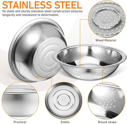 Stainless Steel Mixing Bowls Set, Grating Bowl, 3 in 1 Multifunctional Stainless Steel Basin Strainer Set with Grater, Strainer Drain Basket for Rinsing Draining Mixing (10.2"/26cm)