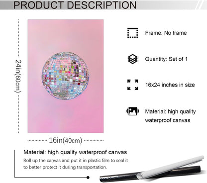 xbsifyiooa 16x24in Silver Disco Ball Canvas Wall Art, Bright Pastel Pink Girly Poster, Trendy Dopamine Mirrorball Wall