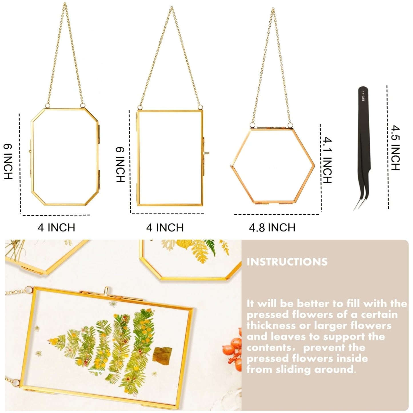 IcosaMro 3 Pack Double Glass Frame for Pressed Flowers 4"x 6" Adult Craft Kits with Brass Glass Frames & 4 Sheets Pressed Flower, Window Hanging Wall Decor Frame for Dried Flowers Leaves Plants