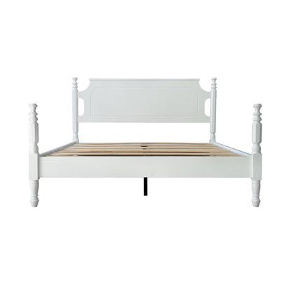 Solid Wood Queen Size Platform Frame, Headboard & Footboard, No Box Spring Needed, 12 Wooden Slats, Center Metal Legs, Slip-Free, Simple Assembly, Under Bed Storage, Pure White Finish, ROQ-39