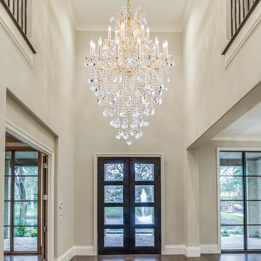 DUNFIZZ Large Modern Gold Crystal Chandeliers 18-Light Foyer Chandelier for High Ceiling Maria Theresa Crystal Chandelier Light Fixture for Living Room Staircase Entryway Hallway, H45 x W31