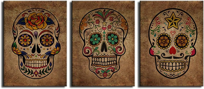 12" 16" 3 Canvas Wall Art Sugar Skull Vintage Abstract Canvas Picture Day of The Dead Contemporary Art Design Framed