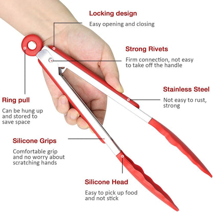 9 Inch Small Kitchen Tongs, Set of 3 Silicone Cooking Tongs with Stainless Steel Handle for Cooking, Serving (Red)